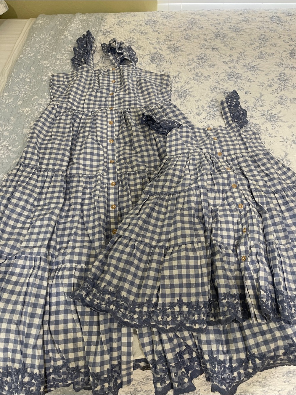 Mommy & me Blue Gingham Button-Front Mom & Kids Dress with Lace Trim